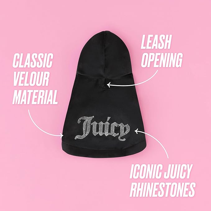 Juicy Couture Bling Velour Pet Hoodie - Black - XS/S (2-7 lbs.) - Pet Hoodies for Small Dogs or Cats