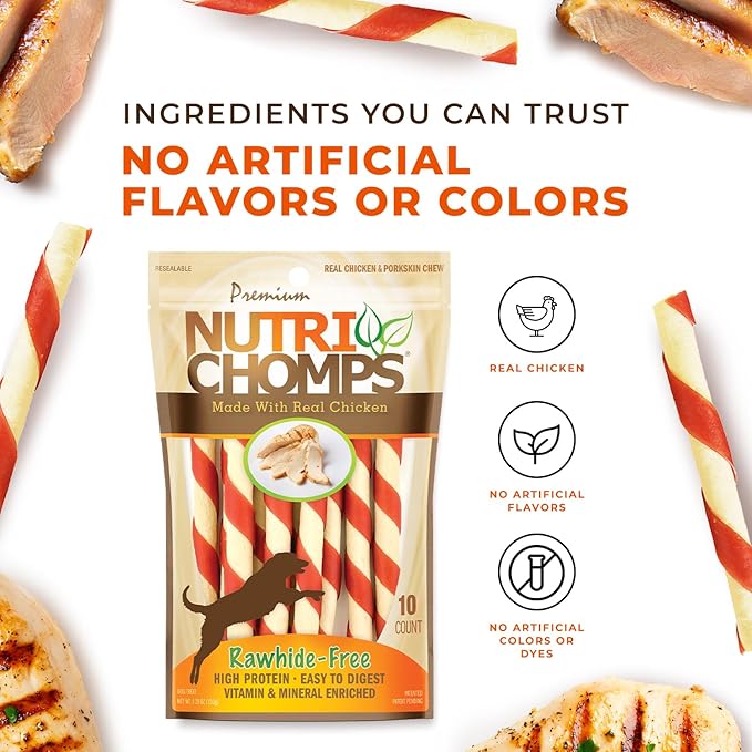 NutriChomps Dog Chews 5-inch Twists, Easy to Digest, Rawhide-Free Dog Treats, Real Peanut Butter Flavor & Real Chicken Flavor (NT112V) - 10 Count (Pack of 2)
