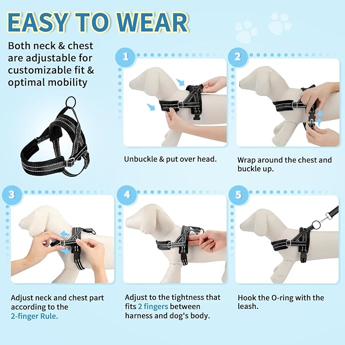 SlowTon No Pull Small Dog Harness and Leash Set, Puppy Soft Vest Harness Neck & Chest Adjustable, Reflective Lightweight Harness & Anti-Twist Pet Lead Combo for Small Medium Dogs (Black, XS)