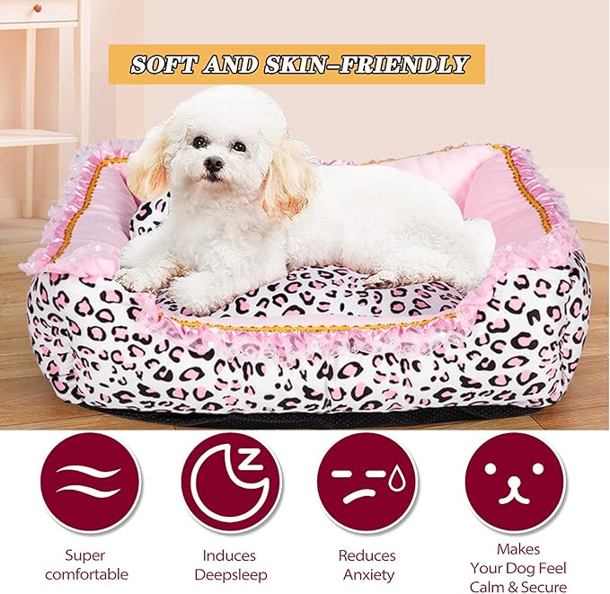 Gigreinc Dog Bed for Small Dogs - Cute Pink Leopard Dog Bed,Cat Beds for Indoor Cats Washable - Square Shape Cat Dog Sofa Bed Pet House Nest Cave(M, 20.8" L x 18" W x 5.5"