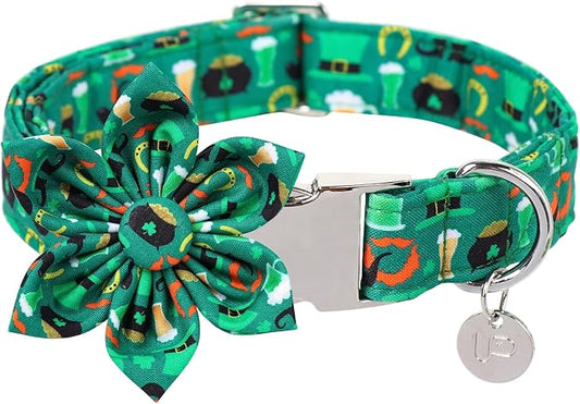 St. Patrick's Dog Collar with Flower, Cotton St. Patrick's Flower Collar for Girl Boy Dog, Lucky Shamrock Dog Collar with Metal Buckle, Green, Spring, S