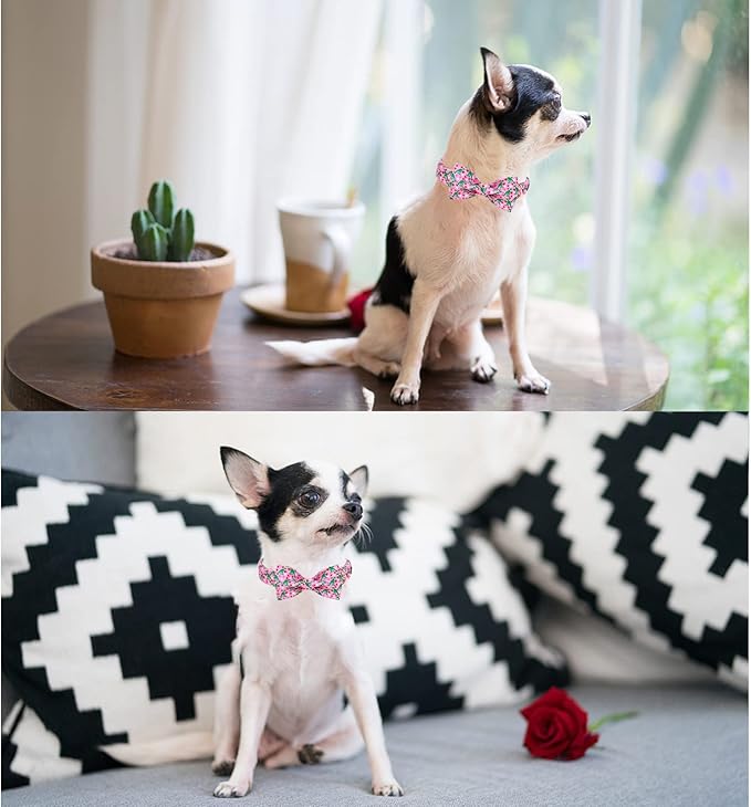 Unique style paws Dog Collar with Bowtie Pink Dinosaur & Heart Puppy Collar Suitable for Small Medium Large Dogs with Adjustable Safety Metal Buckle for Valentine's Day-XS