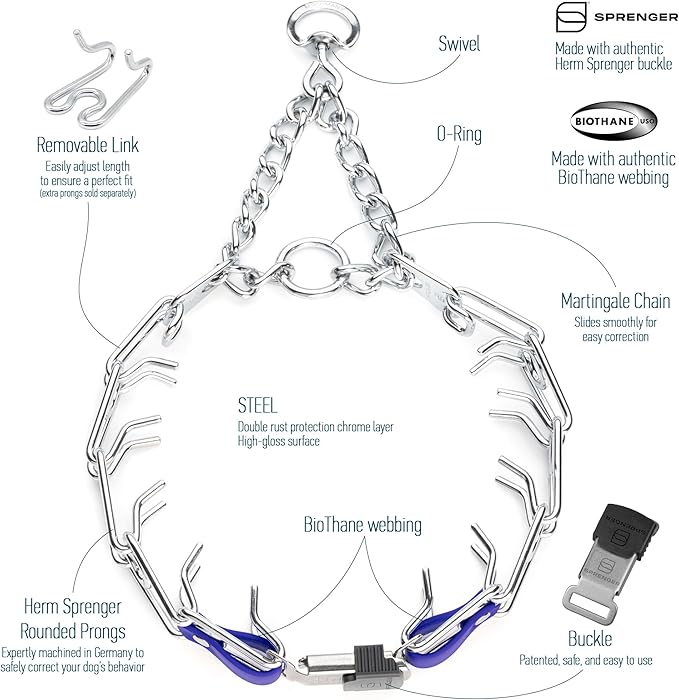 Herm Sprenger Chrome Plated Steel Dog Collar with Quick Release ClicLock Buckle and Biothane Insert Training Collar for Dogs Made in Germany (Blueberry Royal, 25in x 4.0mm(Neck Size up to21-22in))
