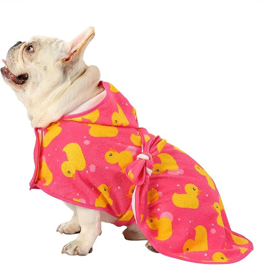 HDE Dog Bathrobe Super Absorbent Quick Drying Towel with Hood for All Dog Breeds Sizes S-XXL - Pink Rubber Ducks - M