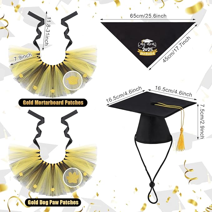 Suhine 6 Pcs Graduation Dog Cap and Gown Costume Accessories Including Class of 2025 Pet Graduation Bandana Tulle Tutu and Dog Caps with Yellow Tassel for Pet Holiday Costume Supplies
