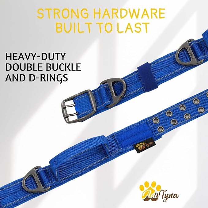 ADITYNA Heavy Duty Dog Collar for Medium Dogs - Reflective Blue Collar with Handle for Training, and Walking - Wide, Thick, Tactical, Soft Neoprene Padded