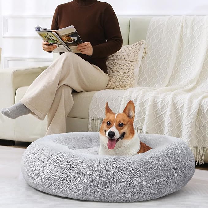 JOLLYVOGUE Dog & Cat Bed, Calming Anti-Anxiety Pet Bed for Small Dogs, Fluffy Donut Cushion for Small and Medium Pets (24")