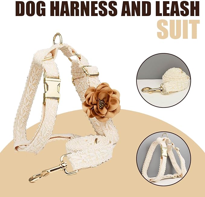 Dog Harness and Leash Set Metal Clasp Adjustable Cotton Embroidered No Pull for Dog Wedding Birthday Outfit,M