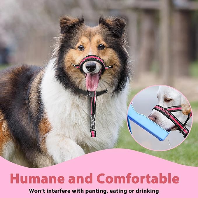 BARKLESS Soft Dog Head Collar, Patented Padded No Pull Head Halter, Training Nose Leash with Safety Link for Medium Large Dogs, Adjustable Muzzle Leash, Easy Control for Walking(Pink, M)