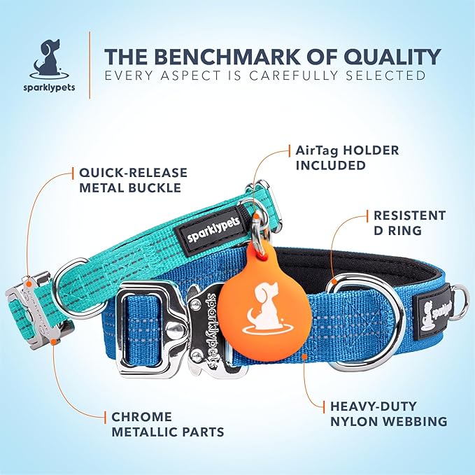 SparklyPets Small Dog Collar with Quick Release Buckle & AirTag Holder – Collars for Female Dogs & Boys with Reflective Stripes & Soft Lining – Perfect for Small & Medium Breeds