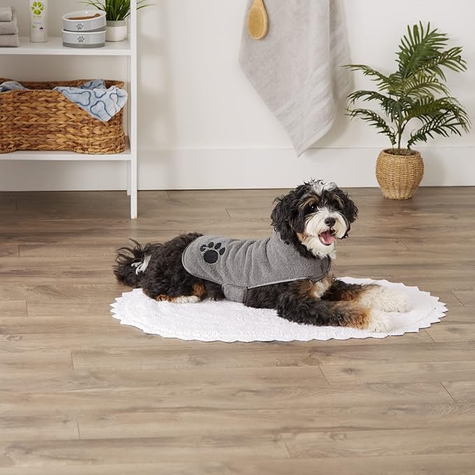 Bone Dry Pet Robe Collection, Embroidered Absorbent Microfiber Bath Robe with Adjustable Closure, for Dogs & Cats, Small, Gray