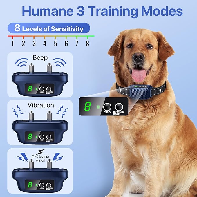 Dog Bark Collar, Automatic Bark Collar with 8 Adjustable Sensitivity for Large Medium Dogs, Humane No Bark Control Collar with Beep Vibration, Smart Anti Barking Collars