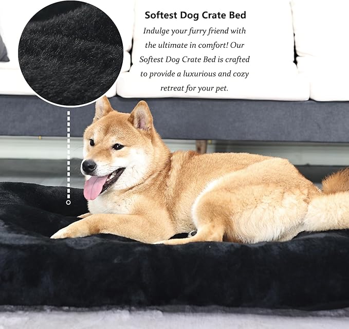 Dog Beds for Crates 36 x 24 Washable,Extra Soft Crate Pads for Dog Cages 36 with Anti-Slip Bottom,Deluxe Faux Fur Pet Sleeping Mat Helps Ease Pet Anxiety,Black