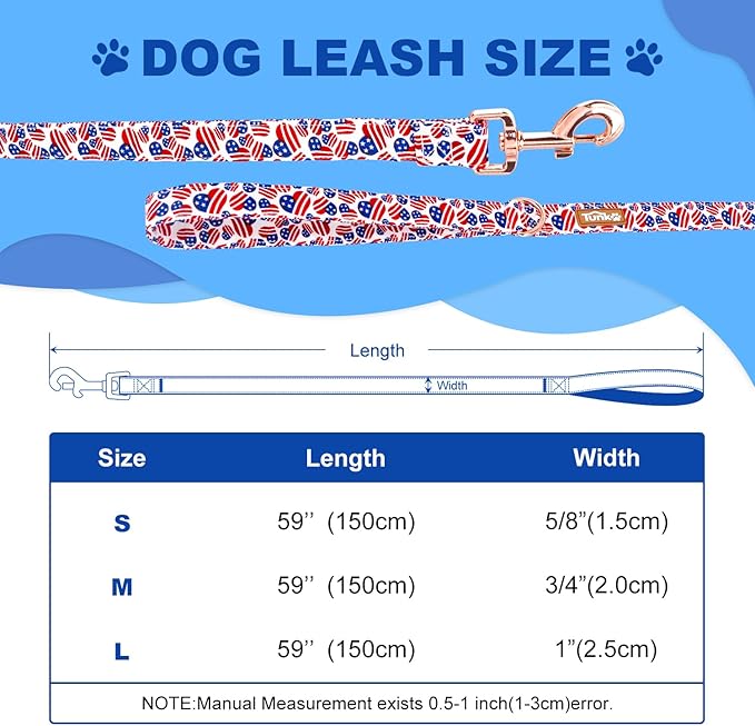 Tunkoo American Flag Dog Leash Super Cute Heart, Durable and Stylish Pet Leash with Metal Buckle, Available in Small, Medium, Large Pets Daily Walking M