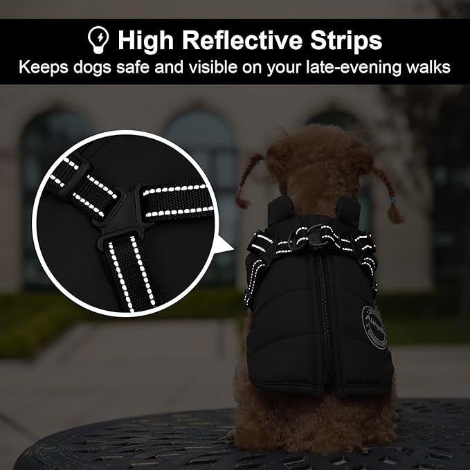 Warm Winter Coat, Waterproof Windproof Jacket, Reflective Adjustable Black Pet Vest with Harness, Thick Polar Fleece Lining Cozy Apparel for Small Medium Dogs & Cats