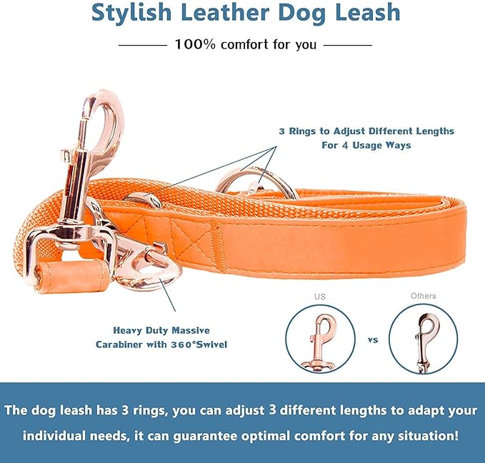 Soft Leather Dog Collar and Leash (6.6') Set - Stylish Rose Gold Heavy Duty Metal Buckle, 4 Adjustable Lengths Leash for Small Medium Large Dogs - Comfortable & Easy to Clean Orange L(15.4"-24.8")