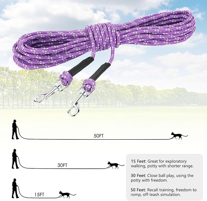 Rypet Reflective Cat Long Leash - 50 FT Escape Proof Walking Leads Yard Long Leash Durable Safe Personalized Extender Leash Traning Play Outdoor for Kitten, Puppy, Rabbit and Small Animals(Purple-L)