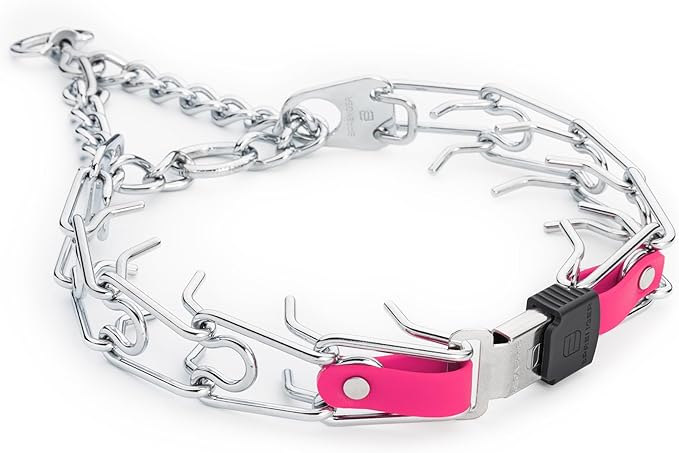 Herm Sprenger Chrome Plated Steel Dog Collar with Quick Release ClicLock Buckle and Biothane Insert Training Collar for Dogs Made in Germany (Passionfruit Pink, 25in x 4.0mm(Neck Size up to21-22in))