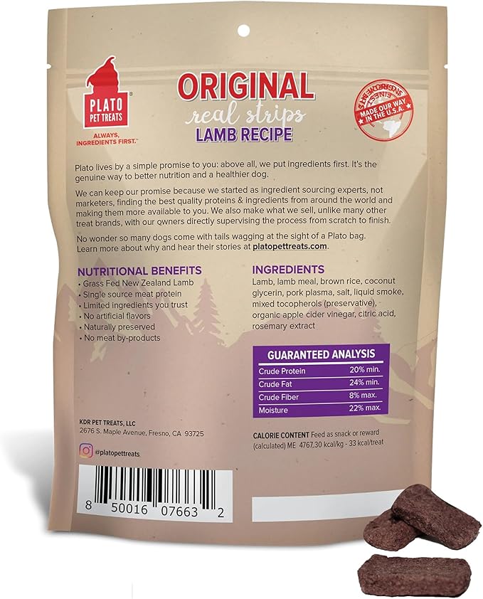 Plato Pet Treats Real Strips - Air-Dried Meat Bars for Dogs - Delicious, Limited Ingredient Dog Treats - Grain Free Dog Treats - Original Real Strips Lamb 6oz