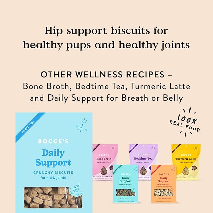 Bocce's Bakery Hip Daily Support Treats for Dogs, Wheat-Free Dog Treats, Made with Real Ingredients, Baked in The USA, Supports Joint Health, All-Natural Peanut Butter Biscuits, 12 oz