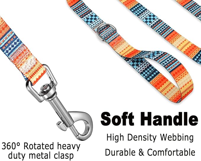 Dog Collar and Leash Set with Bohemia Floral Tribal Geometric Patterns - Soft Ethnic Style Collar Adjustable for Small Medium Large Dogs(Bohemian Orange Set,L)