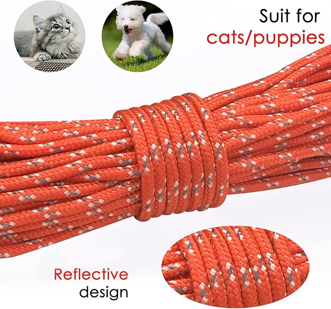 Rypet Reflective Cat Long Leash - 15 FT Escape Proof Walking Leads Yard Long Leash Durable Safe Personalized Extender Leashes Traning Play Outdoor for Kitten, Puppy, Rabbit and Small Animals