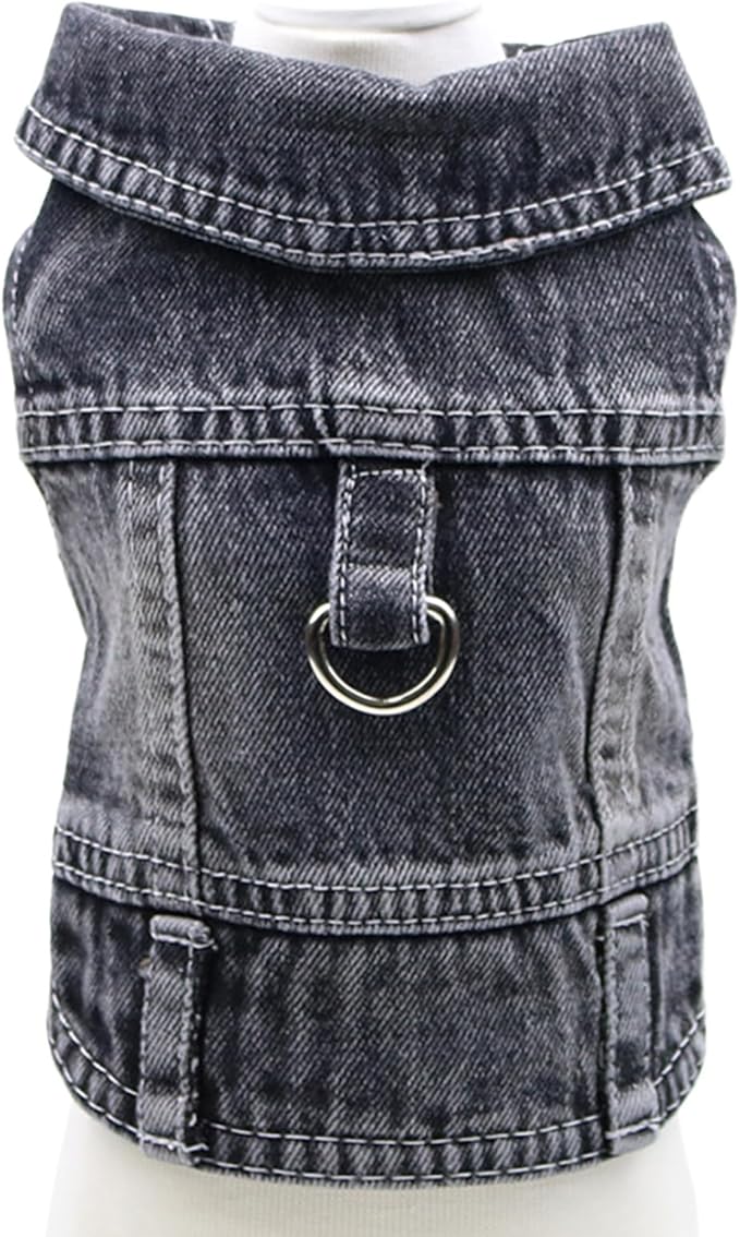 Puppy Clothes for Small Dogs Boy,Classic Western Denim Dog Coat,Dog Jeans Jacket with Leash D-Ring,Pet Cat Costumes,Cooling Harness Vest for Walking (Black, Large)