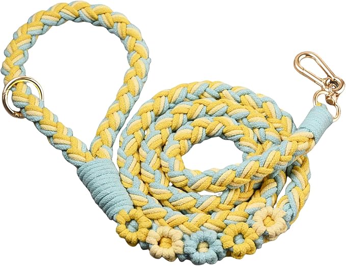 Handmade 5ft Braided Cotton Dog Leash with Unique Floral Handle, Durable and Stylish, Ideal for Small to Large Dogs, Blue & Yellow Twist