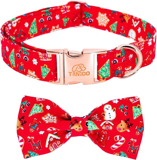 Tunkoo Christmas Dog Collar with Elegant Bow Tie Soft Comfy Cotton Adjustable Collar, Premium Metal Buckle for Puppy and Cat Small Medium Large (Christmas C, M)
