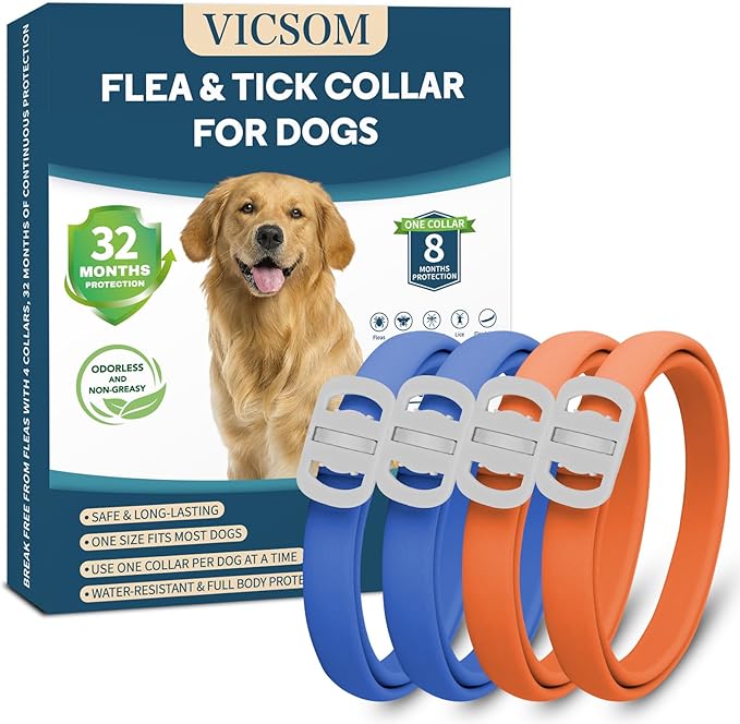 4 Pack Flea Collar for Dogs, 32 Months Flea and Tick Prevention for Dogs, Waterproof Dog Flea Collar, Dog Flea and Tick Treatment, Adjustable Flea and Tick Collar for Dogs Puppy -Blue & Orange