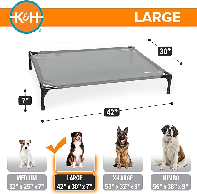 K&H Pet Products Elevated Outdoor Dog Cot Bed, Raised Cooling Bed with Washable Breathable Mesh for Large Dogs, Portable Raised Platform Pet Bed, Heavy Duty Metal Frame Hammock Bed, Large, Gray