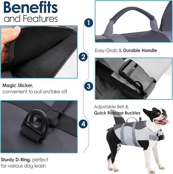 AOFITEE Dog Life Vest for Swimming, Shark Dog Life Jacket Large, High Flotation Dogs Swimming Vest with Rescue Handle and Reflective Stripe, Dogs Lifesaver Swimsuit for Boating Summer Pool Beach, XL