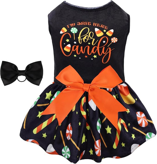 CuteBone Halloween Dog Dresses Velvet Holiday Small Dogs Clothes Onesie Pet Apparel Girl Puppy Skirt with Bow Hair Rope CVA44S-D