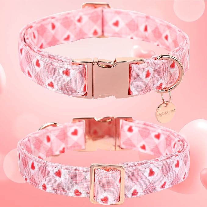 Valentine's Dog Collar,Pink Heart Dog Collar for Small Medium Large Girl Boy Dogs or Cats, Wedding Dog Collar Match Dog Leash, Pet Collar with Metal Buckle, S