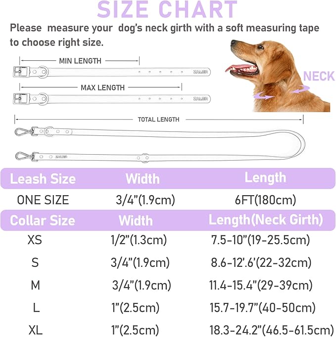 ZALER Dog Collar and Leash Set, Waterproof Adjustable Odor Proof Pet Collars Leashes Easy to Clean, 6FT Dog Leash with 2 Hooks for Large, Medium Small Dogs (XL, Purple)