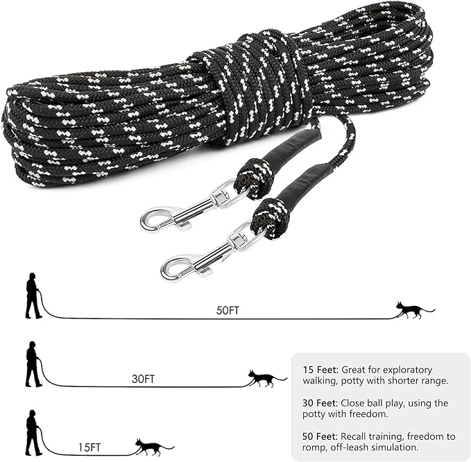 Rypet Reflective Cat Long Leash - 50 FT Escape Proof Walking Leads Yard Long Lead Durable Safe Personalized Extender Leash Traning Play Outdoor for Kitten, Puppy, Rabbit and Small Animals
