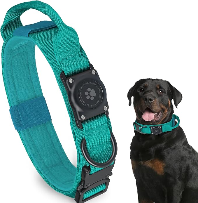 Tactical AirTag Dog Collar, 100% Waterproof Integrated Apple Air Tag Dog Collars with Hard PC AirTag Holder, Adjustable Military Collar with Handle, GPS Dog Collar for Medium Large Dog (Blue, M)