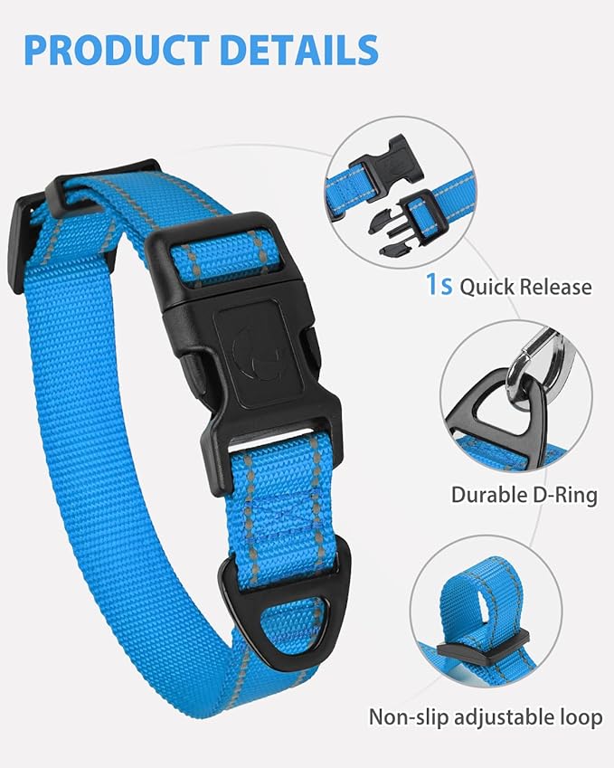 Joytale Small Dog Collar, Reflective and Adjustable Nylon Collar with Quick-Release Buckle, Lightweight No-Choke Design for Small Dogs, Sky Blue, 3/4" Width