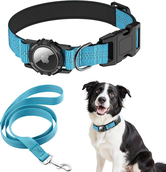 AirTag Dog Collar and Leash, IP68 Waterproof Integrated with Reflective, Ultra-Durable, Comfortable Padded, Heavy Duty Dog Collars for Small Medium Large Dogs, S (10.6"-13.6"), Blue