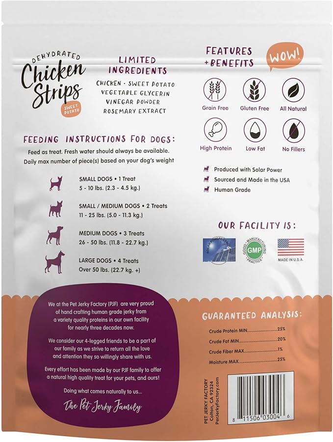 Pet Jerky Factory Premium Chicken and Sweet Potato 12 oz. Dog Jerky Treats | 100% Human Grade | USA Made | High Protein | Grain Free | Limited Ingredients | BHA-BHT Free | Soft-Tender