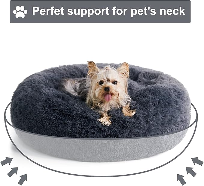 WNPETHOME Calming Dog Bed for Large Dogs, Anti-Anxiety Donut Dog Bed, 36"L x 36"W x 10"Th, Navy Grey, Faux Fur