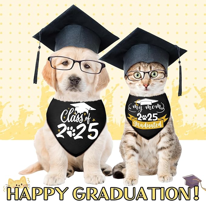 Suhine 6 Pcs Graduation Dog Cap and Gown Costume Accessories Including Class of 2025 Pet Graduation Bandana Tulle Tutu and Dog Caps with Yellow Tassel for Pet Holiday Costume Supplies