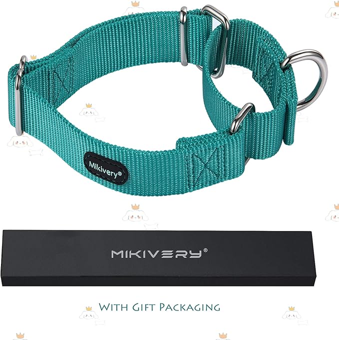 Mikivery Martingale Dog Collar Nylon Adjustable and Safety Training Colourful Comfortable Metal Buckle Pet Collars for Small Medium and Large Dogs(Teal,M)