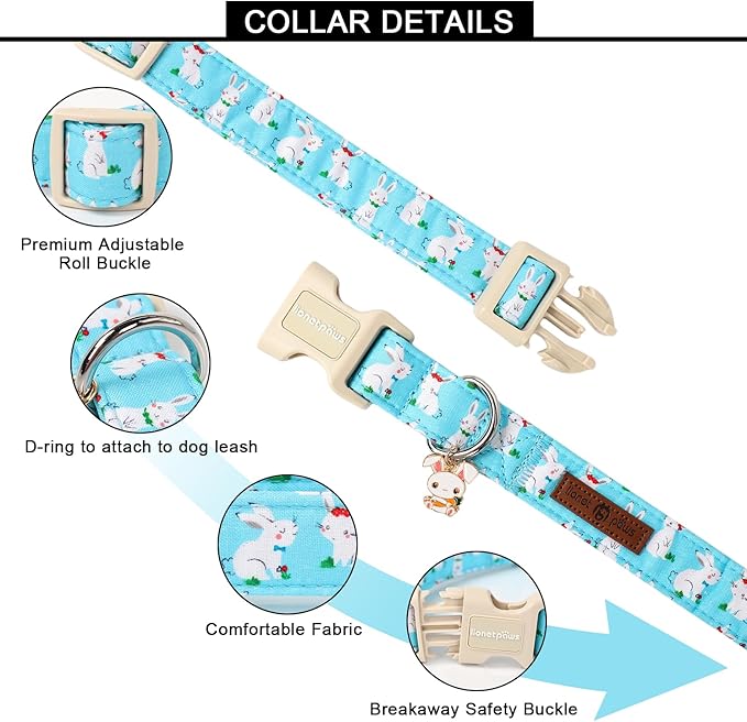 Lionet Paws Easter Dog Collar, Comfortable Adjustable Blue Rabbit Collar with Bunny Rabbit for Medium Male Female Dogs Collars, Neck 13.5-22 inches