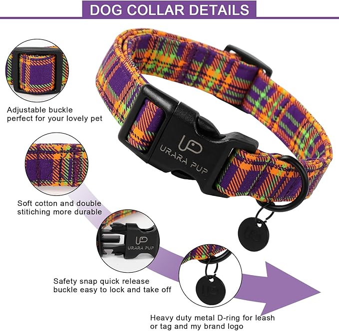 Halloween Dog Collar, Colorful Plaid Dog Collar for Large Dog, Fall & Winter Dog Collar with Lightweight Plastic Buckle, Cute Plaid Pet Collar for Girl Boy Dogs,M