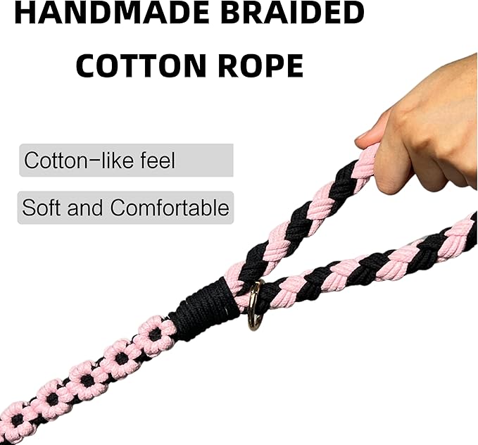 Handmade 5ft Braided Cotton Dog Leash with Unique Floral Handle, Durable and Stylish, Ideal for Small to Large Dogs, Black & Pink Color