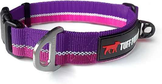 Tuff Pupper Heavy Duty Dog Collar | Reflective with Aluminum D-Ring Leash Clip | Separate Dog ID Tag Attachment | Easy Sizing for All Breeds