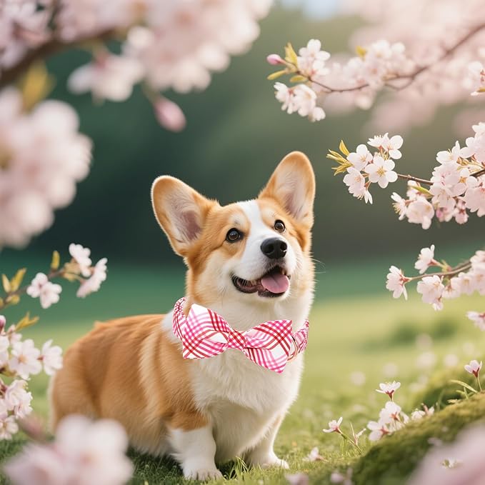 Unique style paws Cotton Dog Collar with Bow Spring Summer Collar with Red White Grid for Small Medium Large Boys Girls Dogs