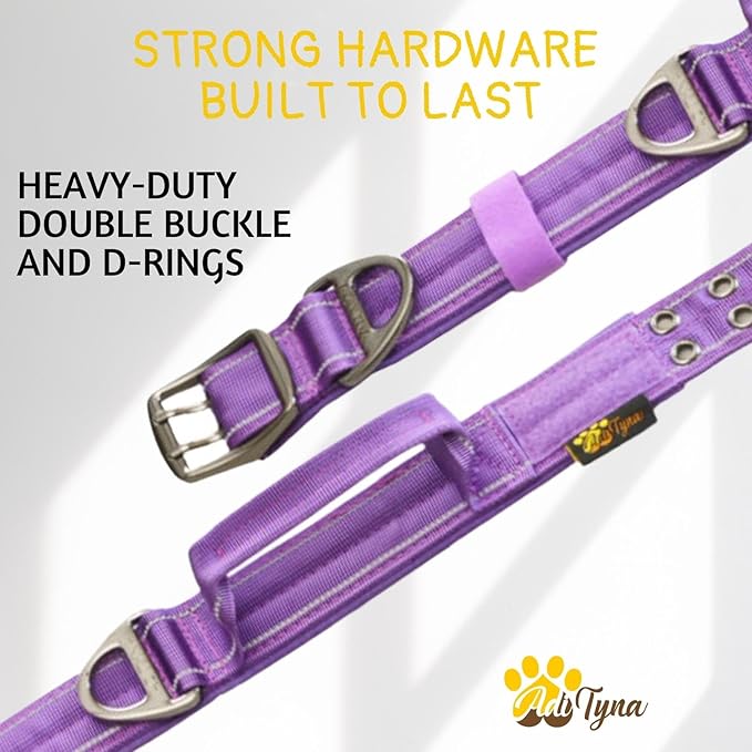 ADITYNA Heavy Duty Dog Collar for Large Dogs - Reflective Purple Collar with Handle for Training, and Walking - Wide, Thick, Tactical, Soft Neoprene Padded