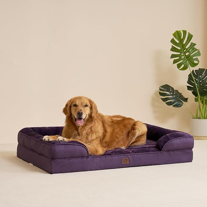 EHEYCIGA Orthopedic Dog Beds for Extra Large Dogs, Waterproof Memory Foam XL Pet Bed with Sides, Non-Slip Bottom and Egg-Crate Foam Big Dog Couch Bed with Washable Removable Cover, Purple